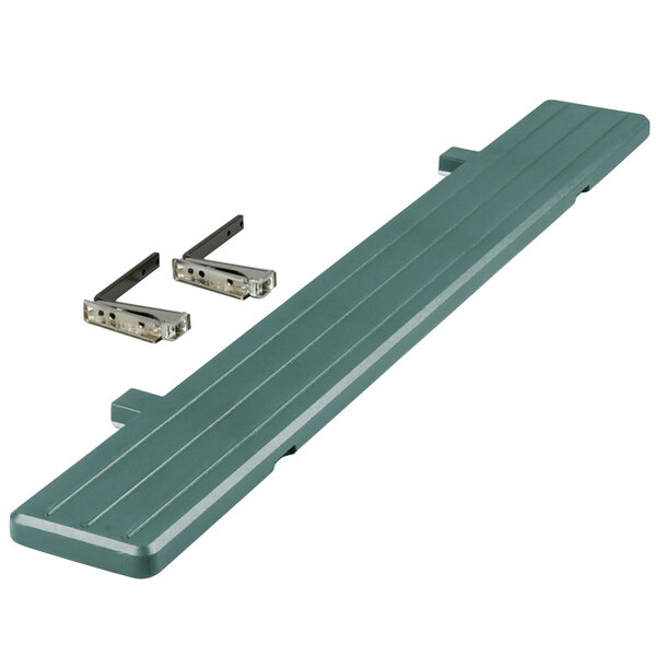 A green rectangular tray slide with two metal clips.