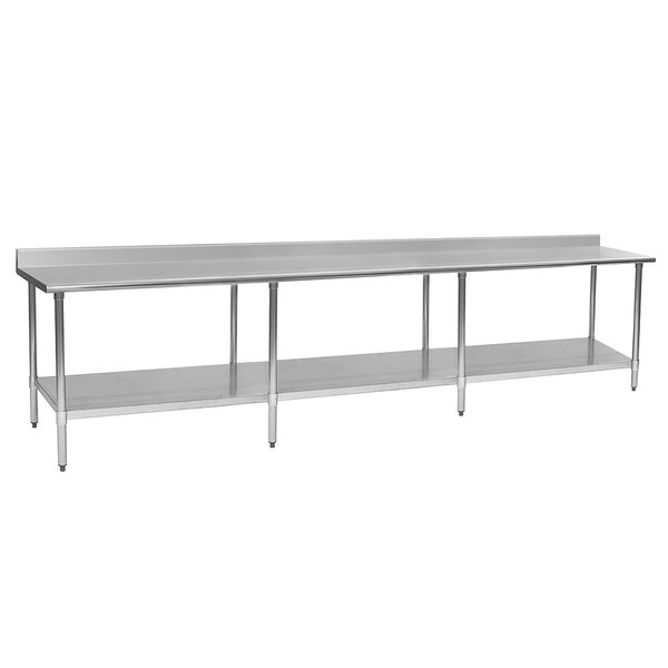 A long Eagle Group stainless steel work table with undershelf.