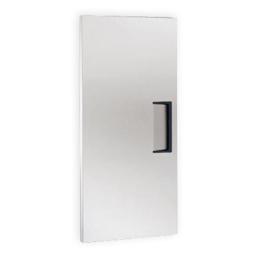 A white rectangular stainless steel door with a black handle.