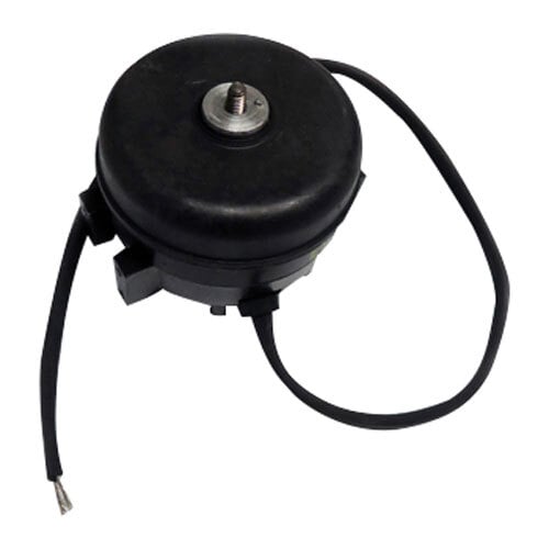 A black round True Evaporator Fan Motor with wires attached.
