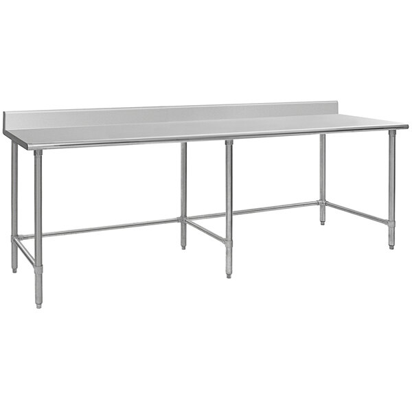 A long rectangular stainless steel Eagle Group work table with an open base.
