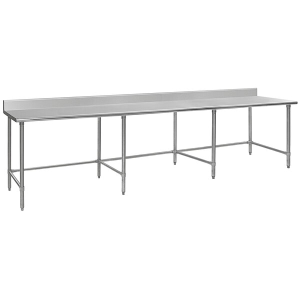 A long stainless steel table with an open base and a metal surface.