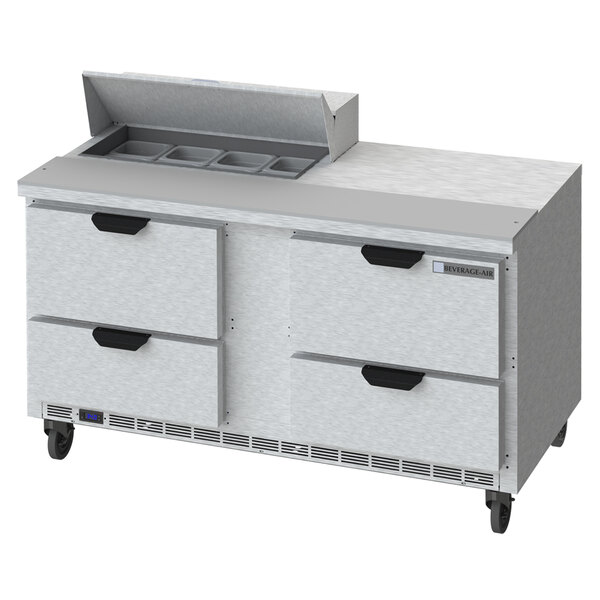 A Beverage-Air stainless steel sandwich prep table with drawers.