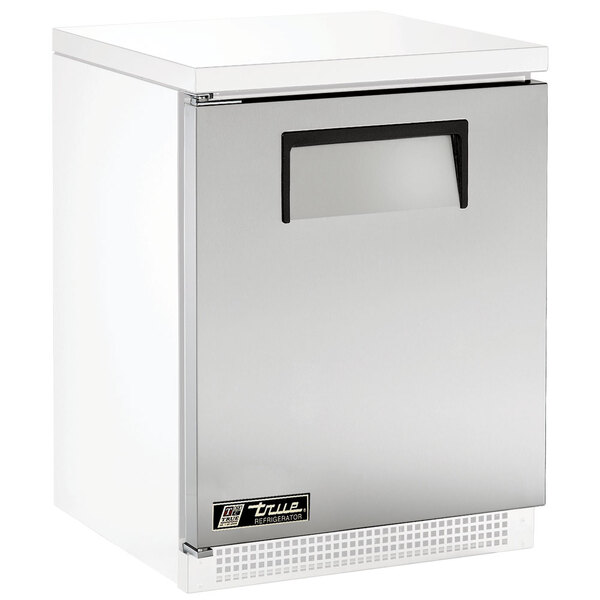 The left hinged stainless steel door with a recessed black handle for a True refrigerator.