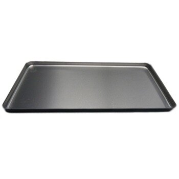 A silver aluminum drain tray with a silver handle.