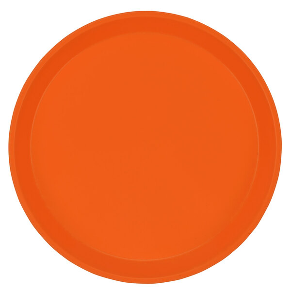 A close-up of a Cambro orange fiberglass tray with white lines.