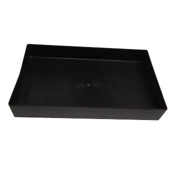A black rectangular plastic drain pan with a white border.