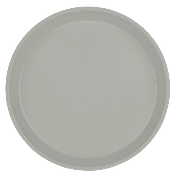 A taupe Cambro round tray with a white rim on a white background.