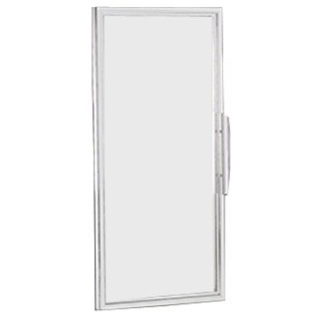 A stainless steel rectangular door with a handle on the left side.