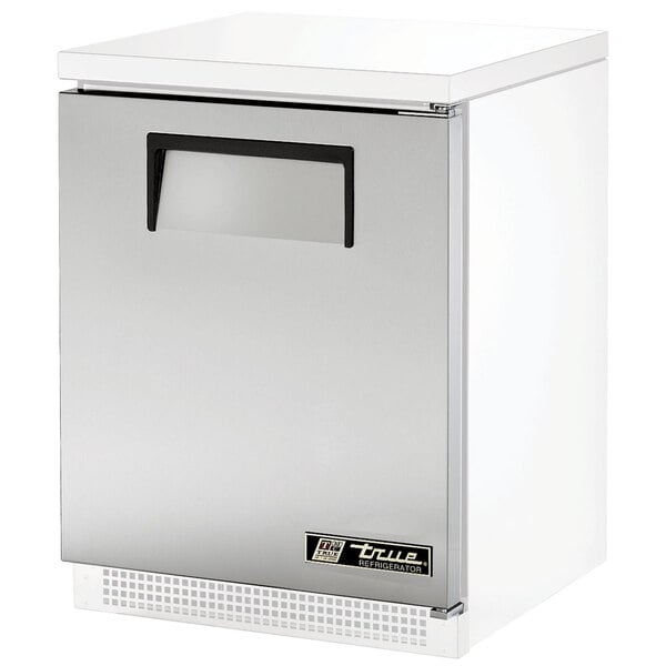 The True stainless steel right hinged door with a recessed black handle.