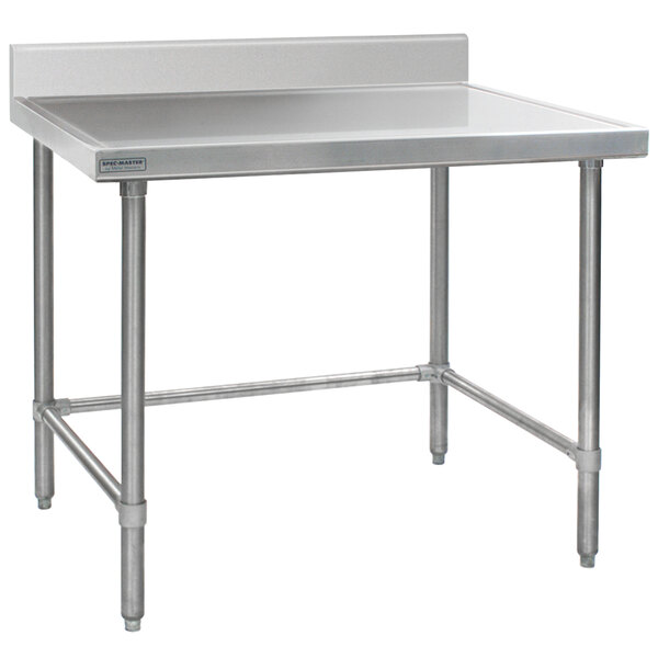 An Eagle Group stainless steel open base work table with a backsplash on metal legs.