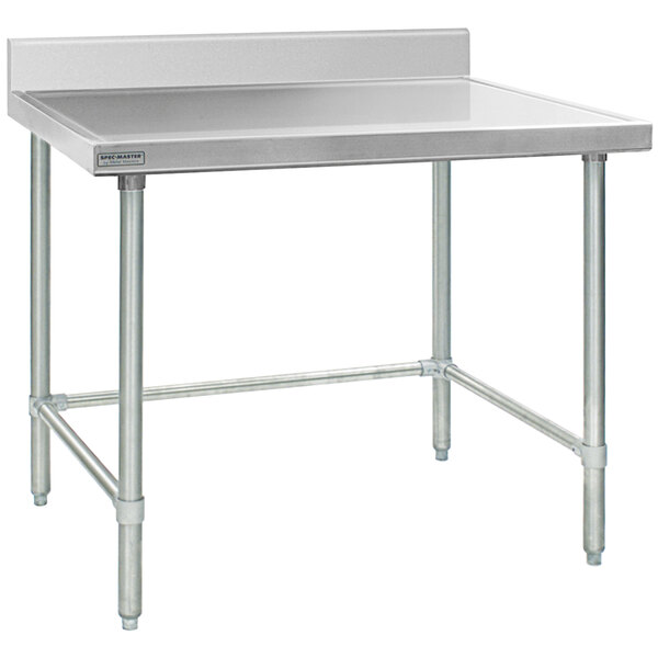 A stainless steel Eagle Group work table with an open base and metal legs.