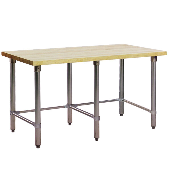 An Eagle Group wood top work table with a galvanized metal base.