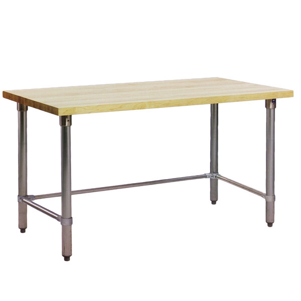 A wood top work table with a galvanized metal base.