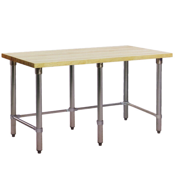 An Eagle Group wood top work table with a stainless steel base.
