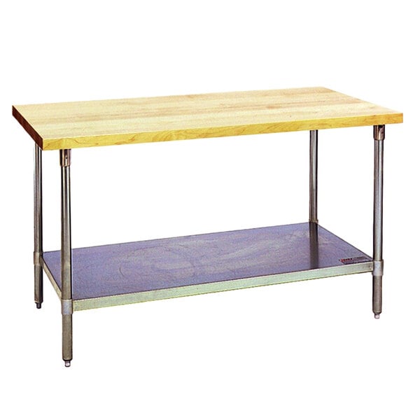 An Eagle Group wood top work table with a stainless steel base and undershelf.