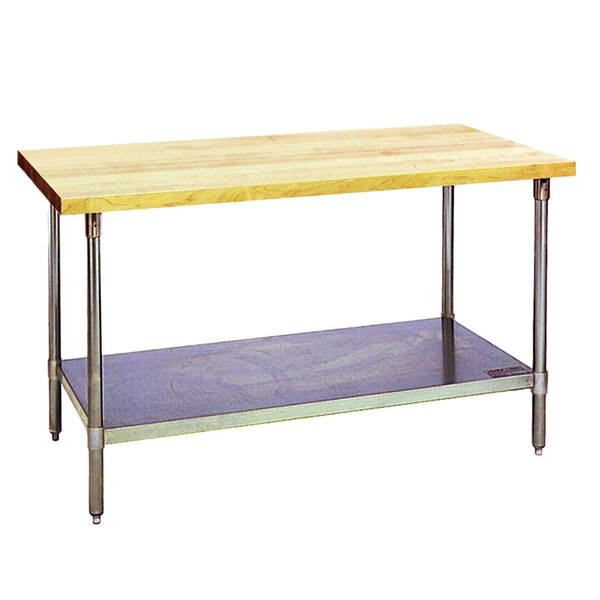 An Eagle Group wood top work table with a galvanized metal base and undershelf.
