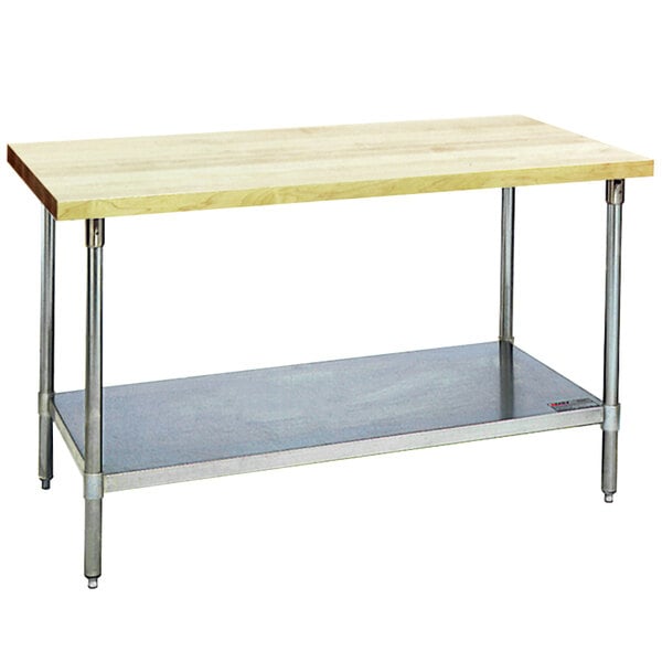 A wood top work table with a galvanized metal base and undershelf.