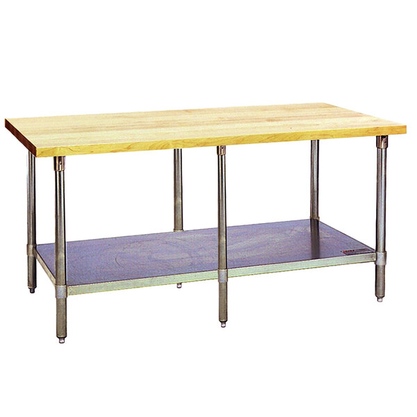 A wood top work table with stainless steel legs and shelves.
