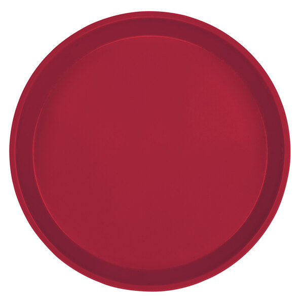 A red round Cambro fiberglass tray.