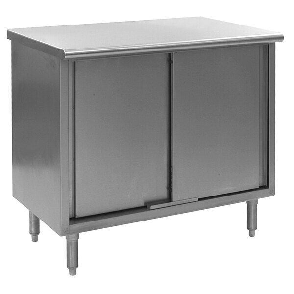A silver stainless steel cabinet with two doors under a counter.