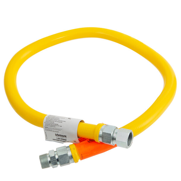 A yellow Dormont gas connector hose with two metal nuts.
