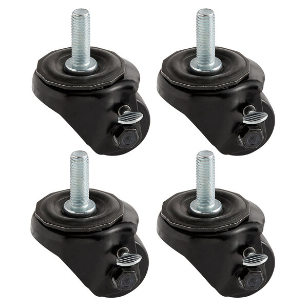 A group of 4 black and silver True stem casters with black rubber bases.