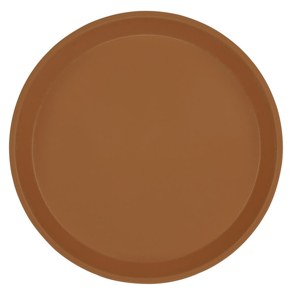 A close-up of a brown round Cambro plate.