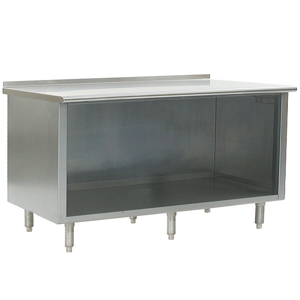 A stainless steel Eagle Group work table with an open cabinet base on a kitchen counter.