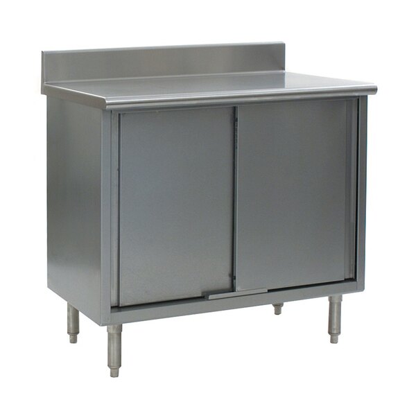 A stainless steel cabinet with two doors under a stainless steel work table.