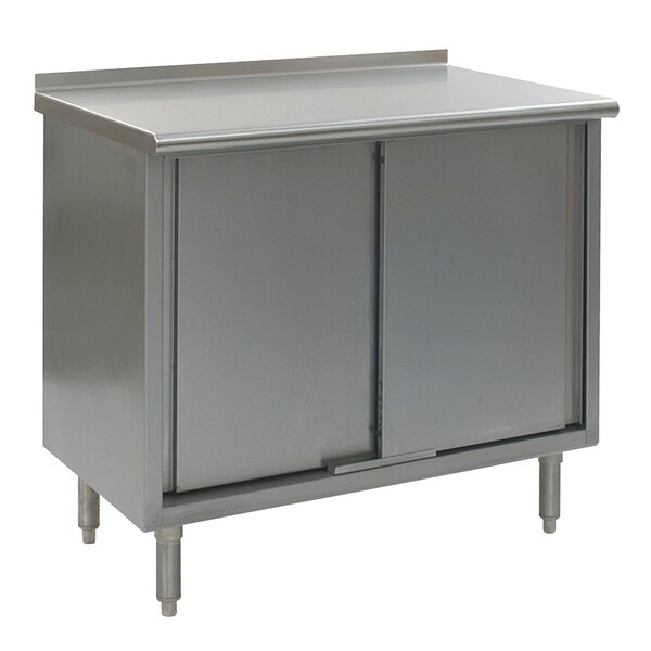 A grey stainless steel Eagle Group work table cabinet with two doors.
