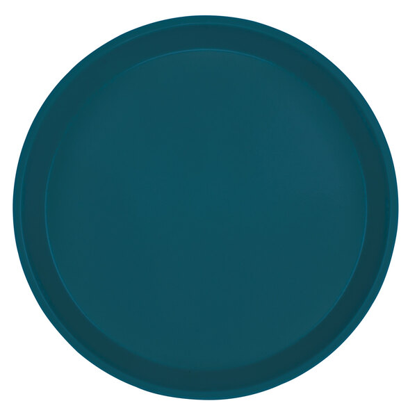 A round blue Cambro tray with a white rim.