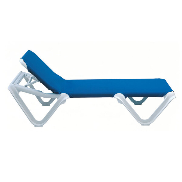A white chaise lounge with a blue sling.