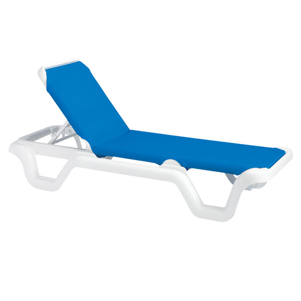 A white Grosfillex Marina sling chaise with blue and white fabric on the seat and back.
