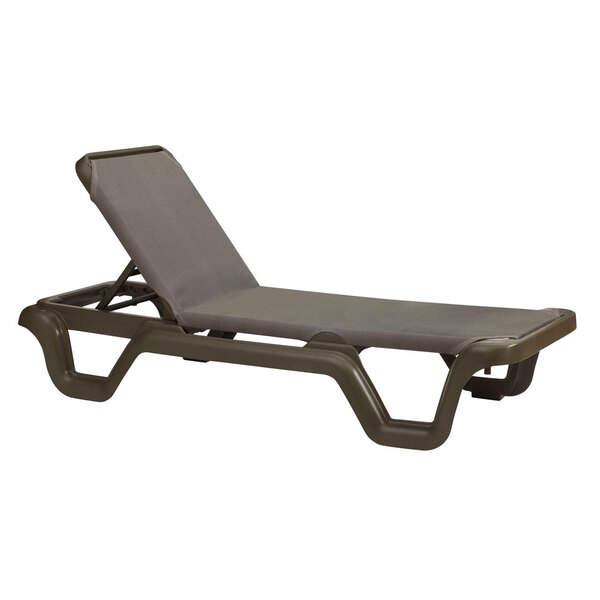 A Grosfillex espresso resin sling chaise with a backrest.