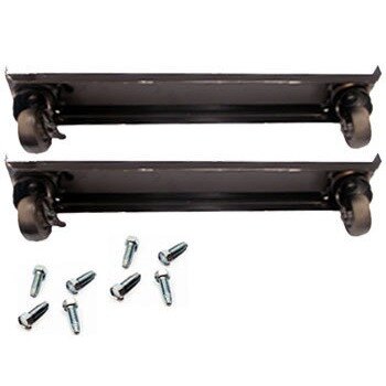 A set of two black metal frames with wheels and screws.