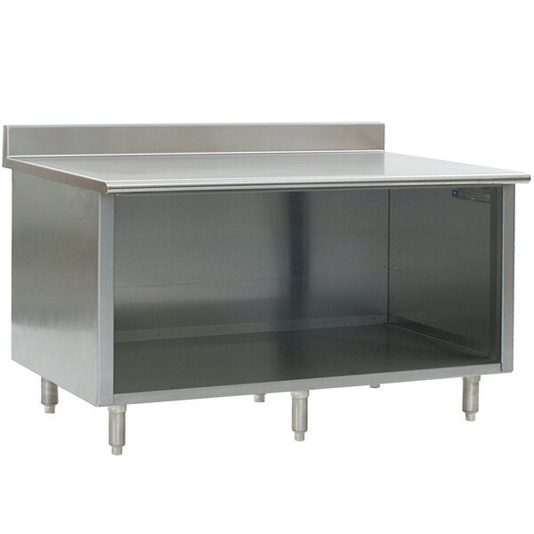 A stainless steel work table with an open front cabinet base and backsplash.