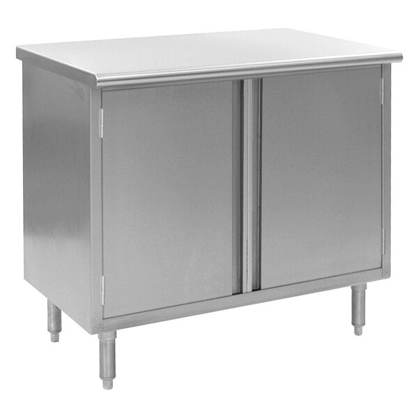 A silver stainless steel cabinet with two doors.
