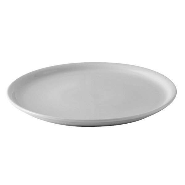 A Tuxton white china pizza plate with a small rim on a white background.