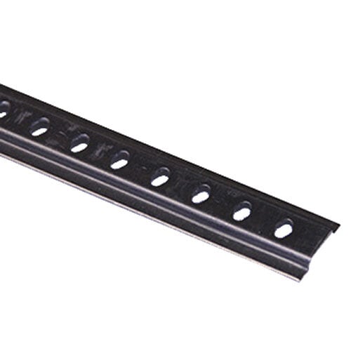 A close-up of a black metal bar with holes.