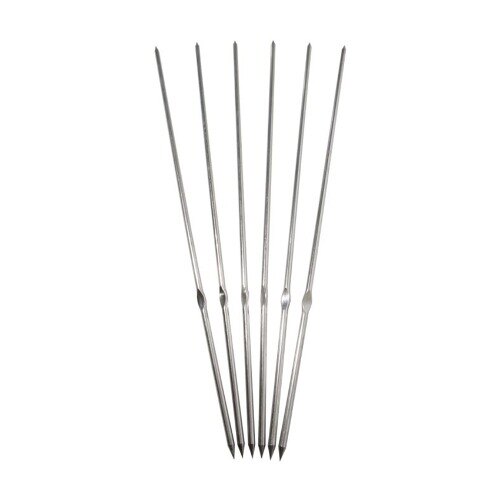 A set of six stainless steel skewers.