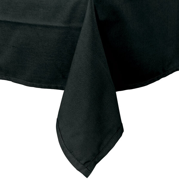 A black Intedge rectangular tablecloth on a table.
