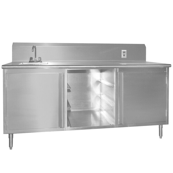 An Eagle Group stainless steel beverage table with a sink on the left and two doors.