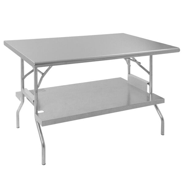 A silver rectangular Eagle Group stainless steel table with a removable shelf underneath.