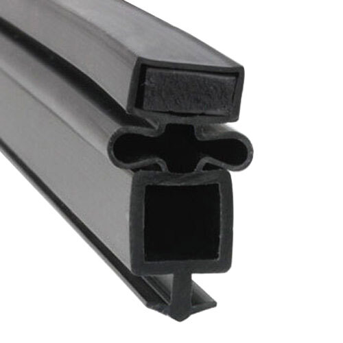 A black rubber magnetic door gasket seal with a black square window and two holes.