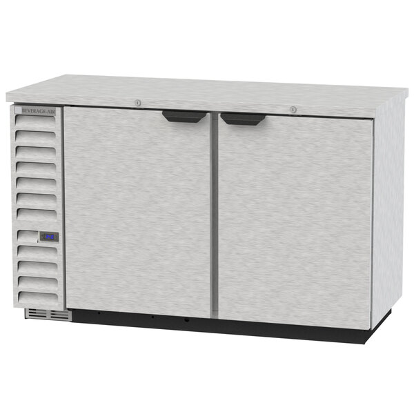 A stainless steel Beverage-Air back bar refrigerator with two doors.