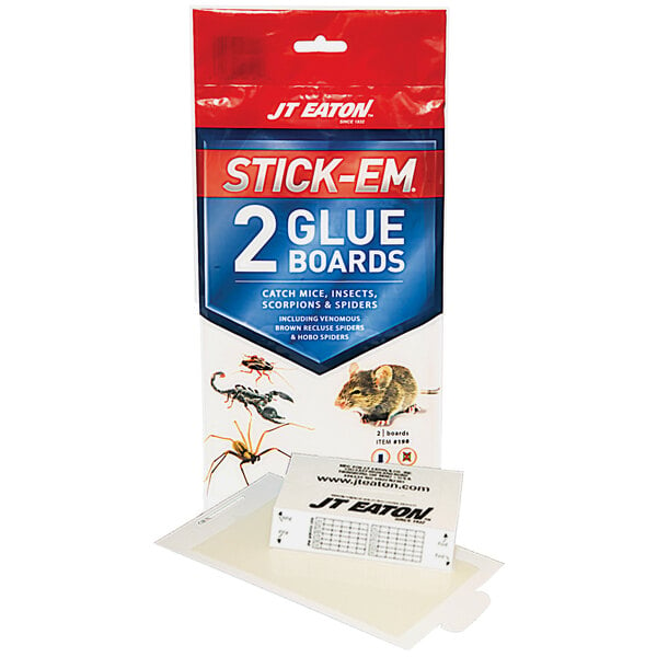 A package of JT Eaton Stick-Em Mouse and Insect Glue Board Traps with two glue boards inside.