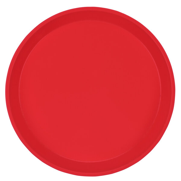 A red fiberglass tray with a white border.