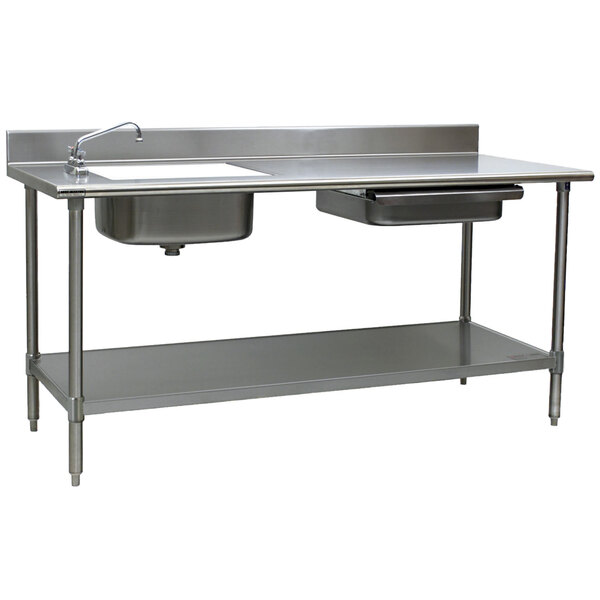 A stainless steel Eagle Group prep table with sink, drawer, cutting board, and undershelf with sink on the left.