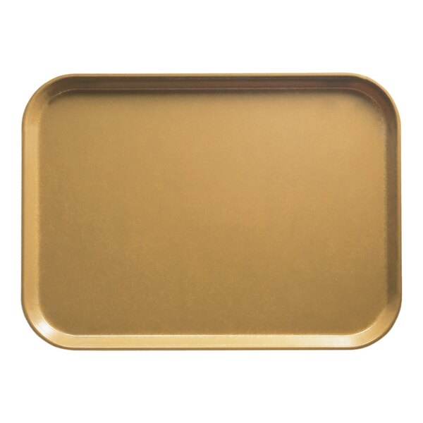 A Cambro rectangular earthen gold fiberglass tray on a cafeteria counter.